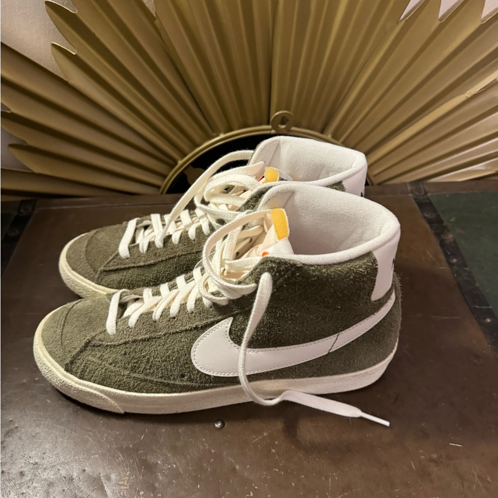 Green fuzzy Nike Blazer high tops